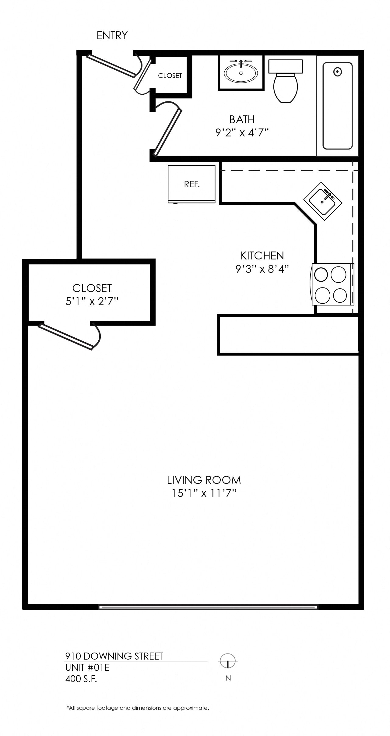 Floor plan for studio, 1 bath, 400 sqft